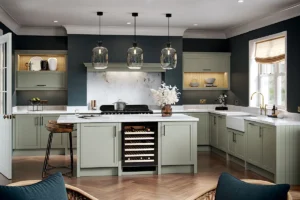 Bespoke kitchen in Eastbourne with coloured kitchen doors, worktop and brass tap